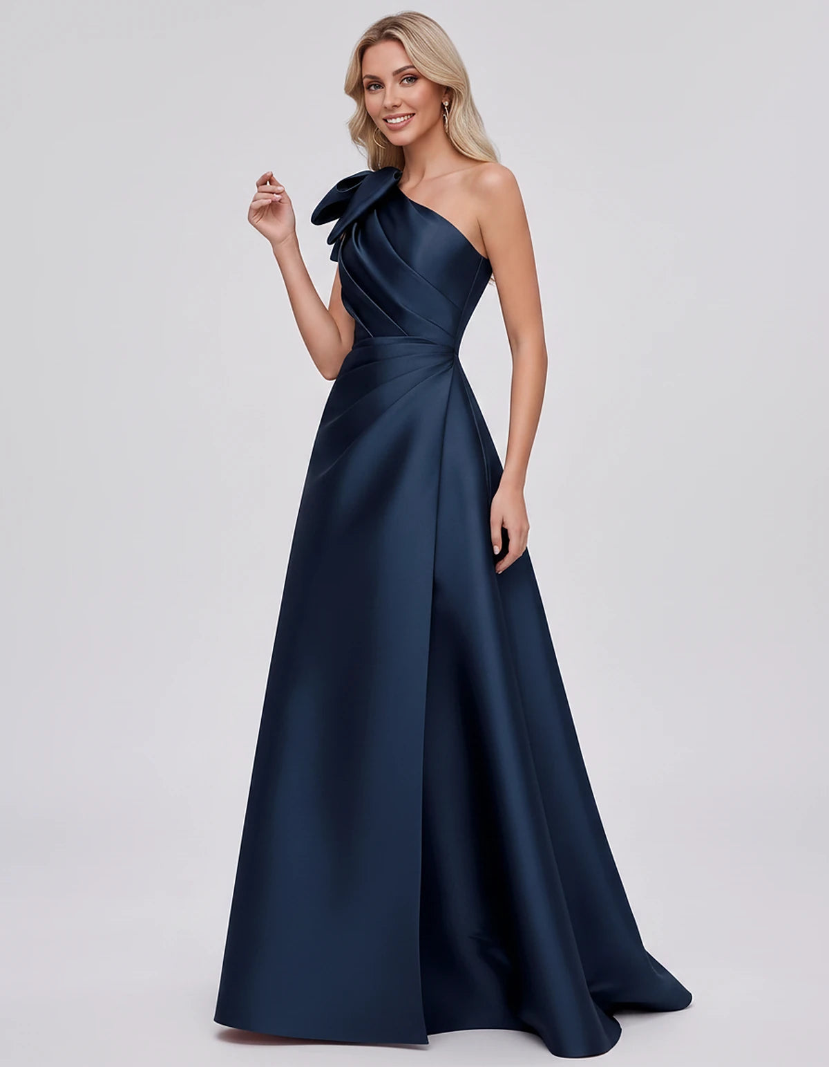 Satin Sleeveless One-Shoulder A-Line Maxi Dress with Bow for Prom, Party, Cocktail, Evening, Wedding Guest & Summer Events, f
