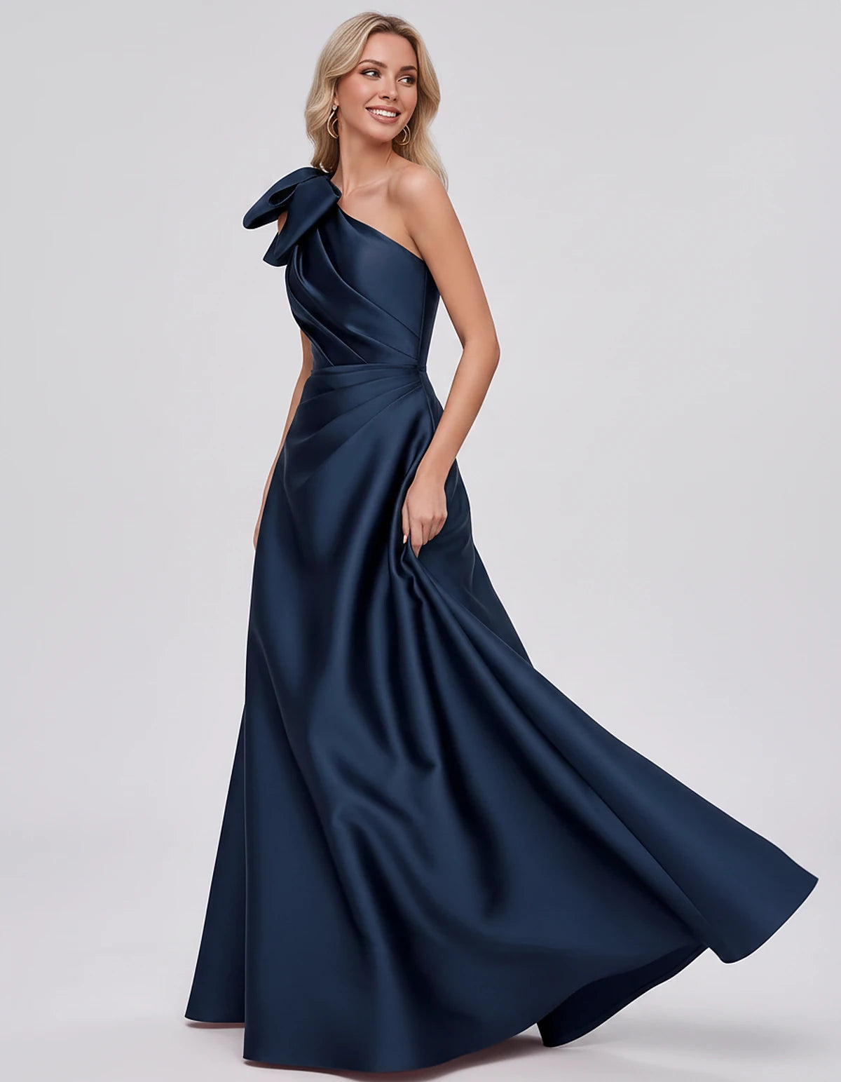 Satin Sleeveless One-Shoulder A-Line Maxi Dress with Bow for Prom, Party, Cocktail, Evening, Wedding Guest & Summer Events, s