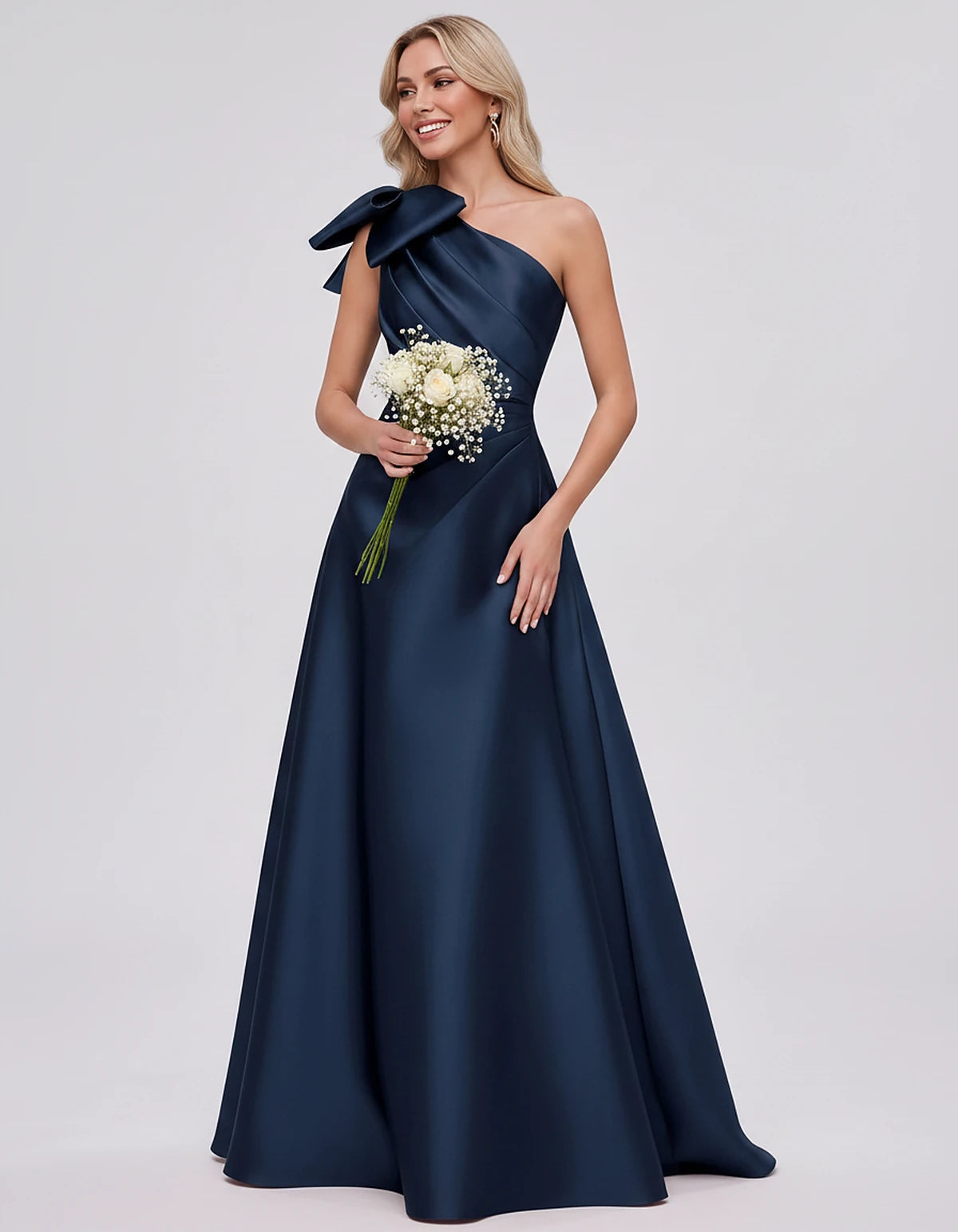 Satin Sleeveless One-Shoulder A-Line Maxi Dress with Bow for Prom, Party, Cocktail, Evening, Wedding Guest & Summer Events, f