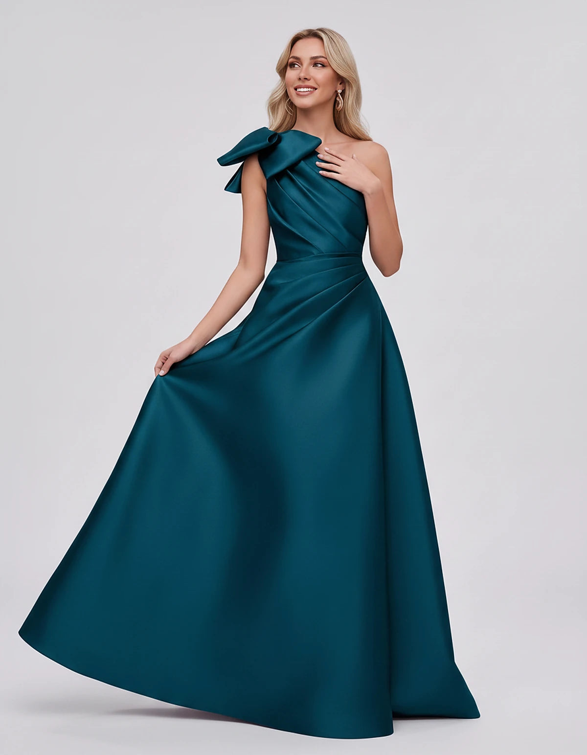 Satin Sleeveless One-Shoulder A-Line Maxi Dress with Bow for Prom, Party, Cocktail, Evening, Wedding Guest & Summer Events, f