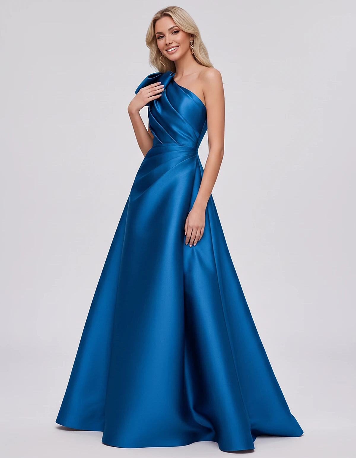 Satin Sleeveless One-Shoulder A-Line Maxi Dress with Bow for Prom, Party, Cocktail, Evening, Wedding Guest & Summer Events, f