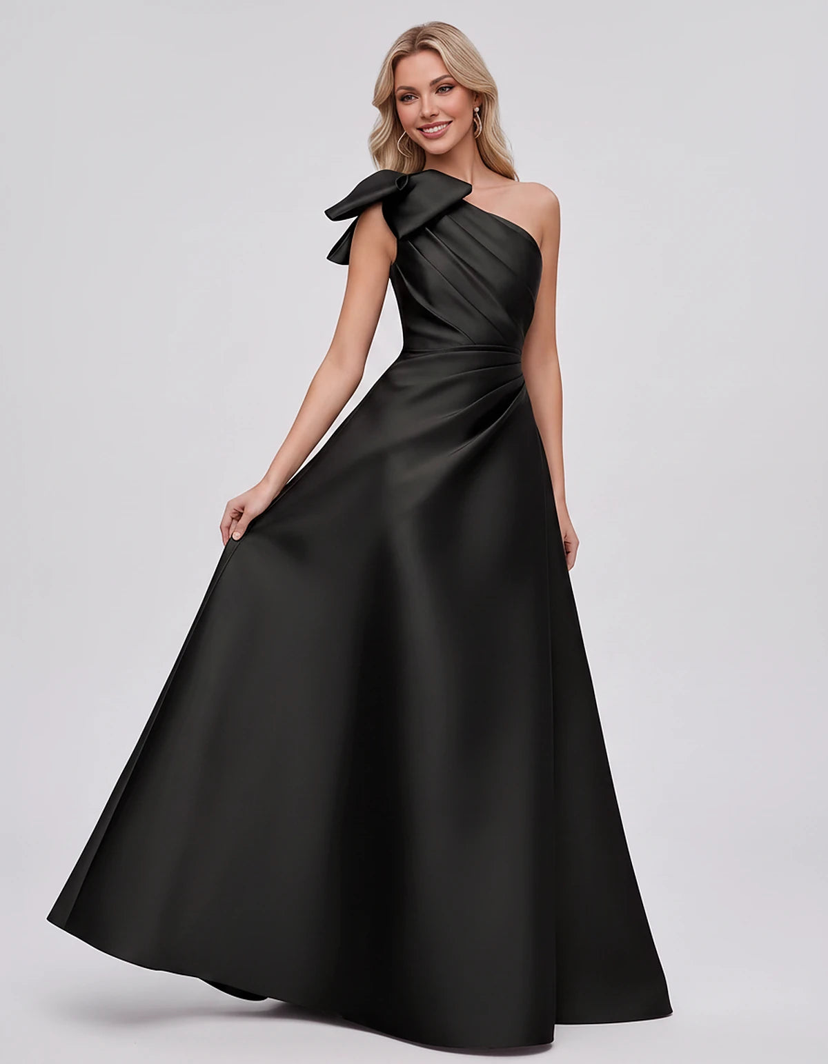 Satin Sleeveless One-Shoulder A-Line Maxi Dress with Bow for Prom, Party, Cocktail, Evening, Wedding Guest & Summer Events, f
