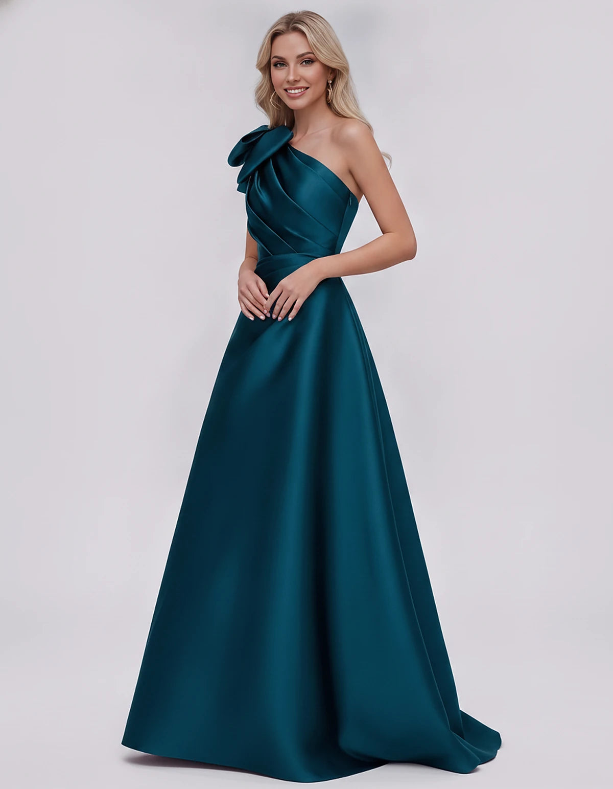Satin Sleeveless One-Shoulder A-Line Maxi Dress with Bow for Prom, Party, Cocktail, Evening, Wedding Guest & Summer Events, f