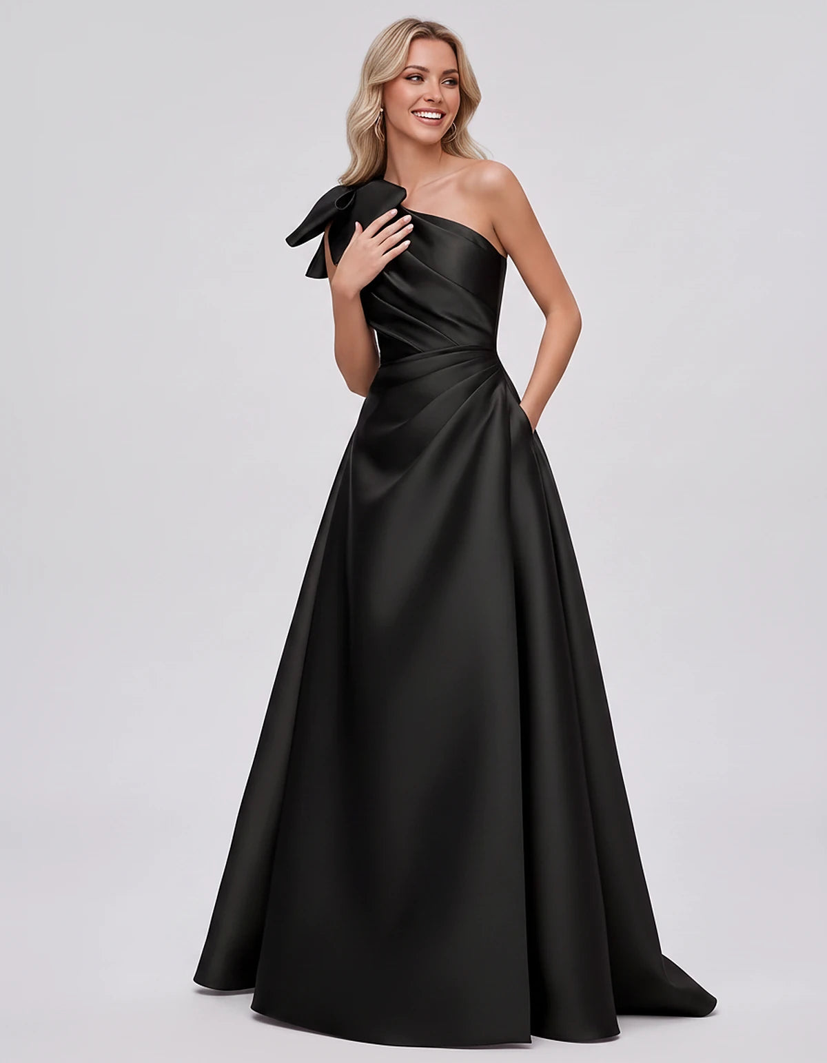 Satin Sleeveless One-Shoulder A-Line Maxi Dress with Bow for Prom, Party, Cocktail, Evening, Wedding Guest & Summer Events, f