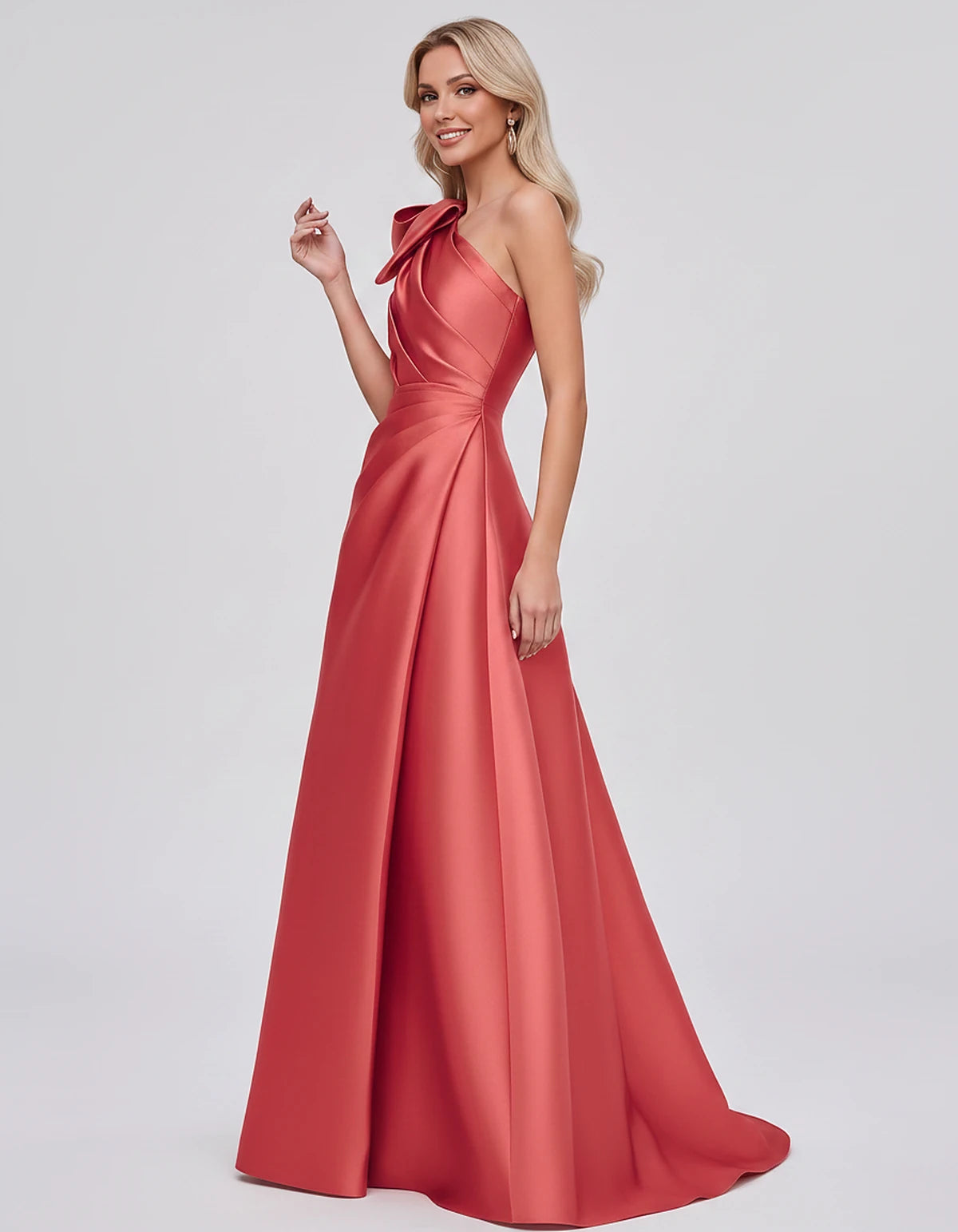 Satin Sleeveless One-Shoulder A-Line Maxi Dress with Bow for Prom, Party, Cocktail, Evening, Wedding Guest & Summer Events, s