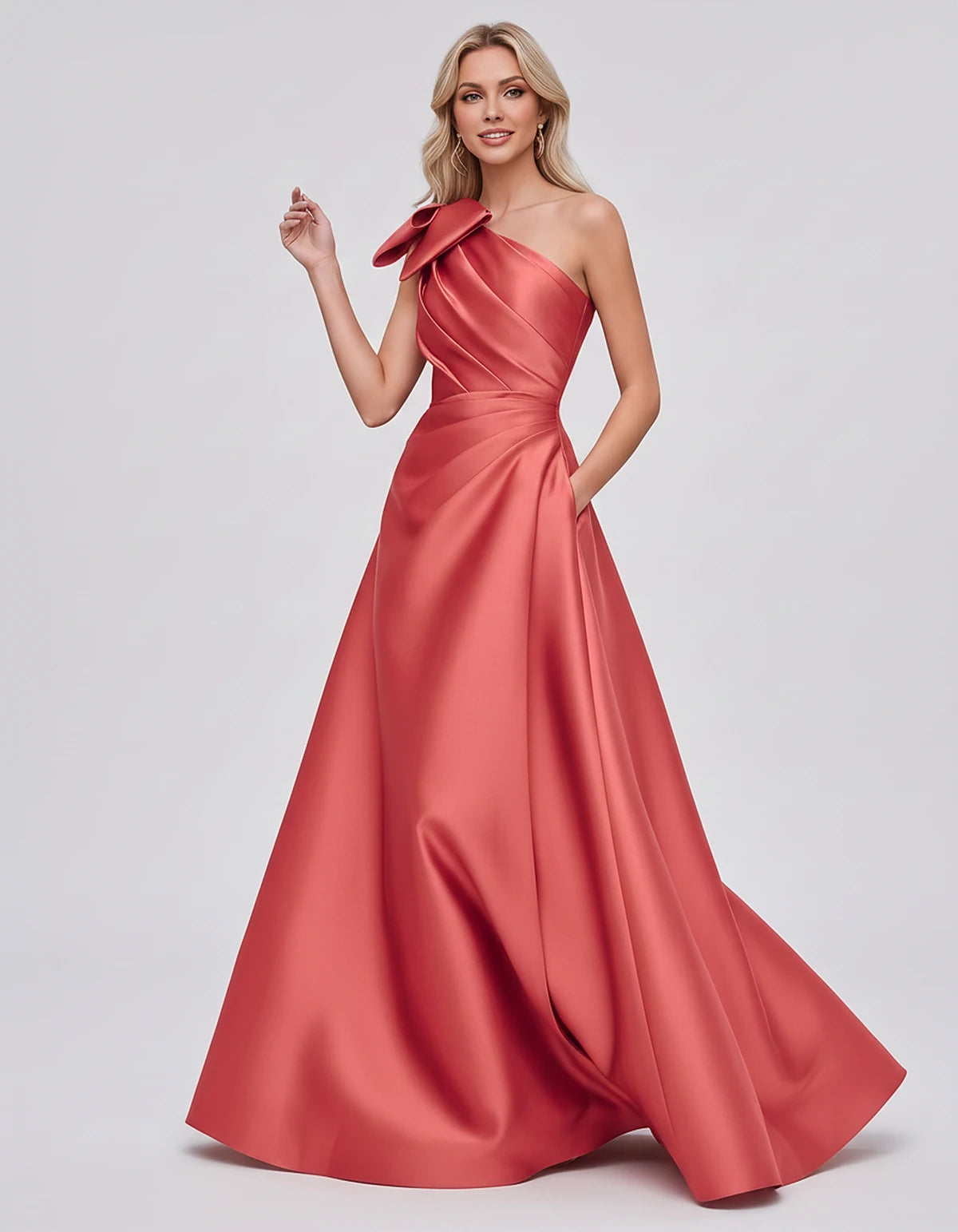 Satin Sleeveless One-Shoulder A-Line Maxi Dress with Bow for Prom, Party, Cocktail, Evening, Wedding Guest & Summer Events, f