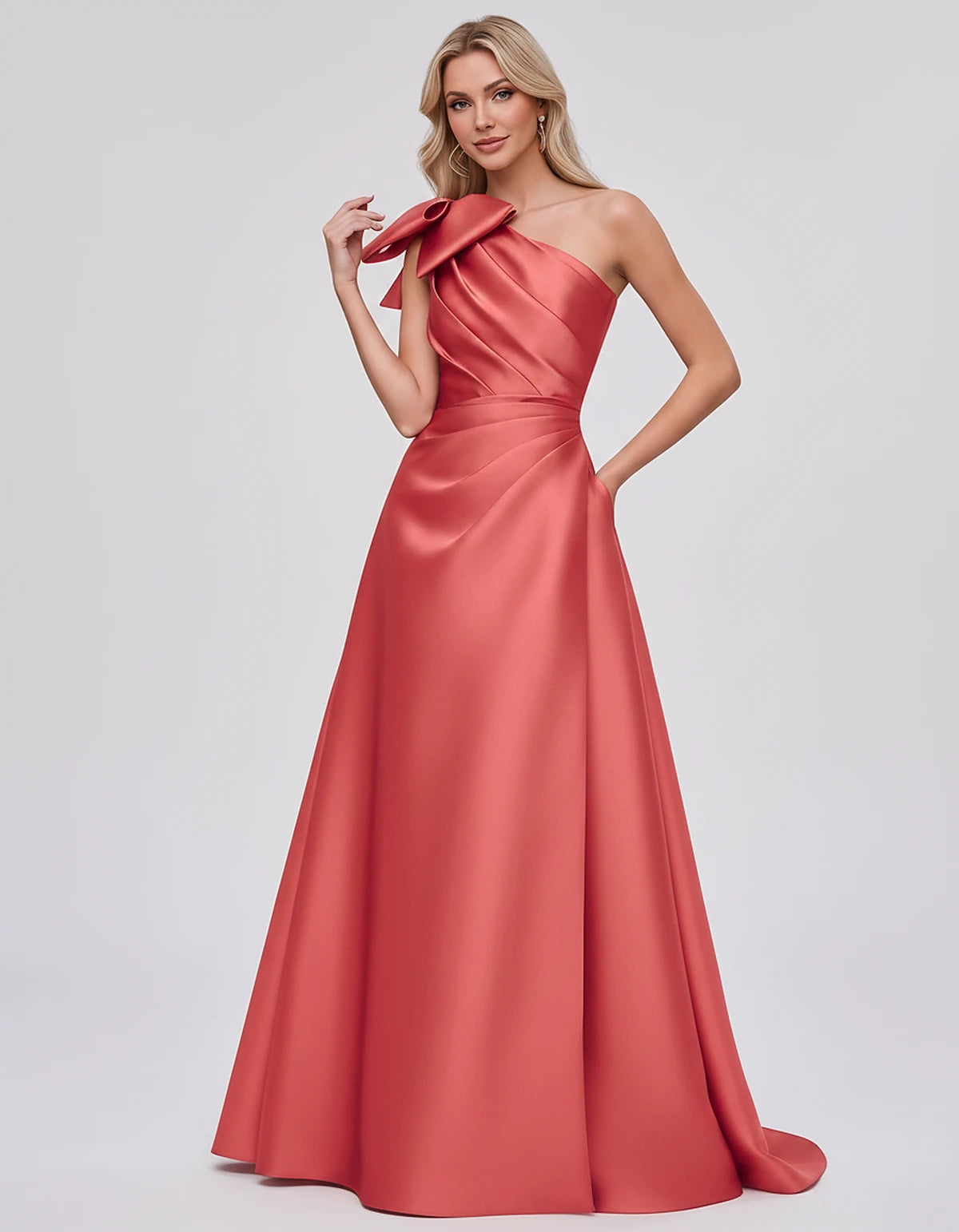Satin Sleeveless One-Shoulder A-Line Maxi Dress with Bow for Prom, Party, Cocktail, Evening, Wedding Guest & Summer Events, f