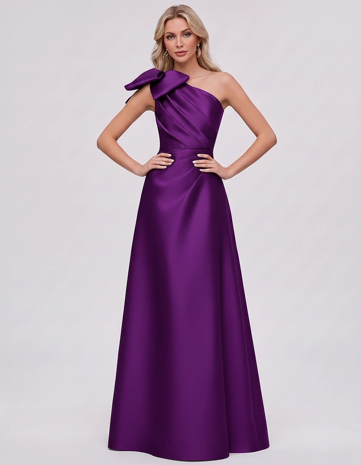 Satin Sleeveless One-Shoulder A-Line Maxi Dress with Bow for Prom, Party, Cocktail, Evening, Wedding Guest & Summer Events, f