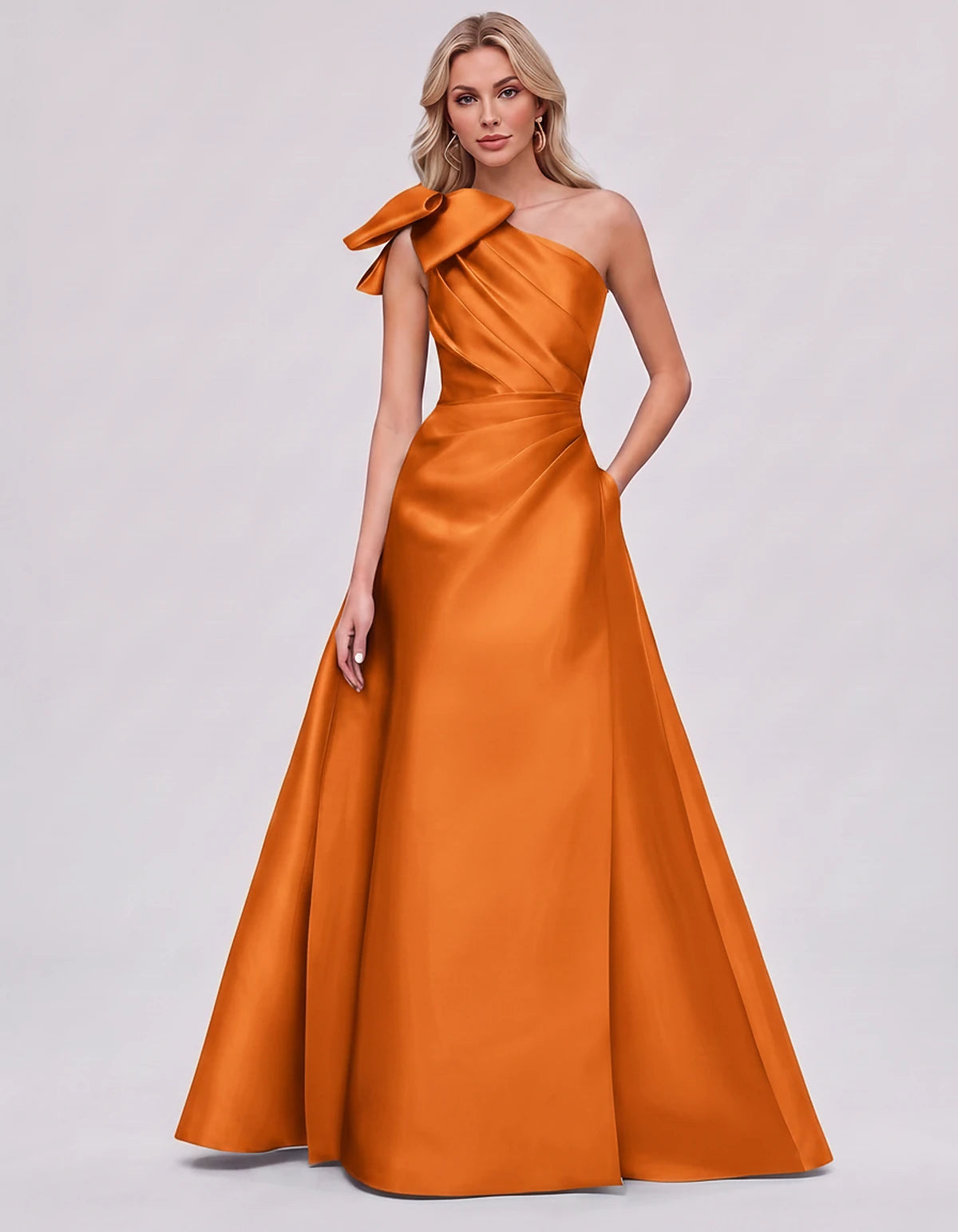 Satin Sleeveless One-Shoulder A-Line Maxi Dress with Bow for Prom, Party, Cocktail, Evening, Wedding Guest & Summer Events in