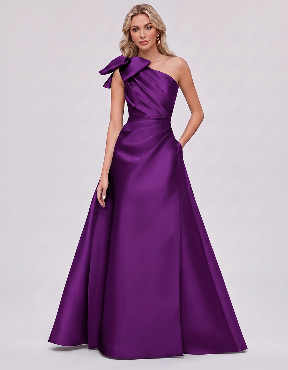 Satin Sleeveless One-Shoulder A-Line Maxi Dress with Bow for Prom, Party, Cocktail, Evening, Wedding Guest & Summer Events in