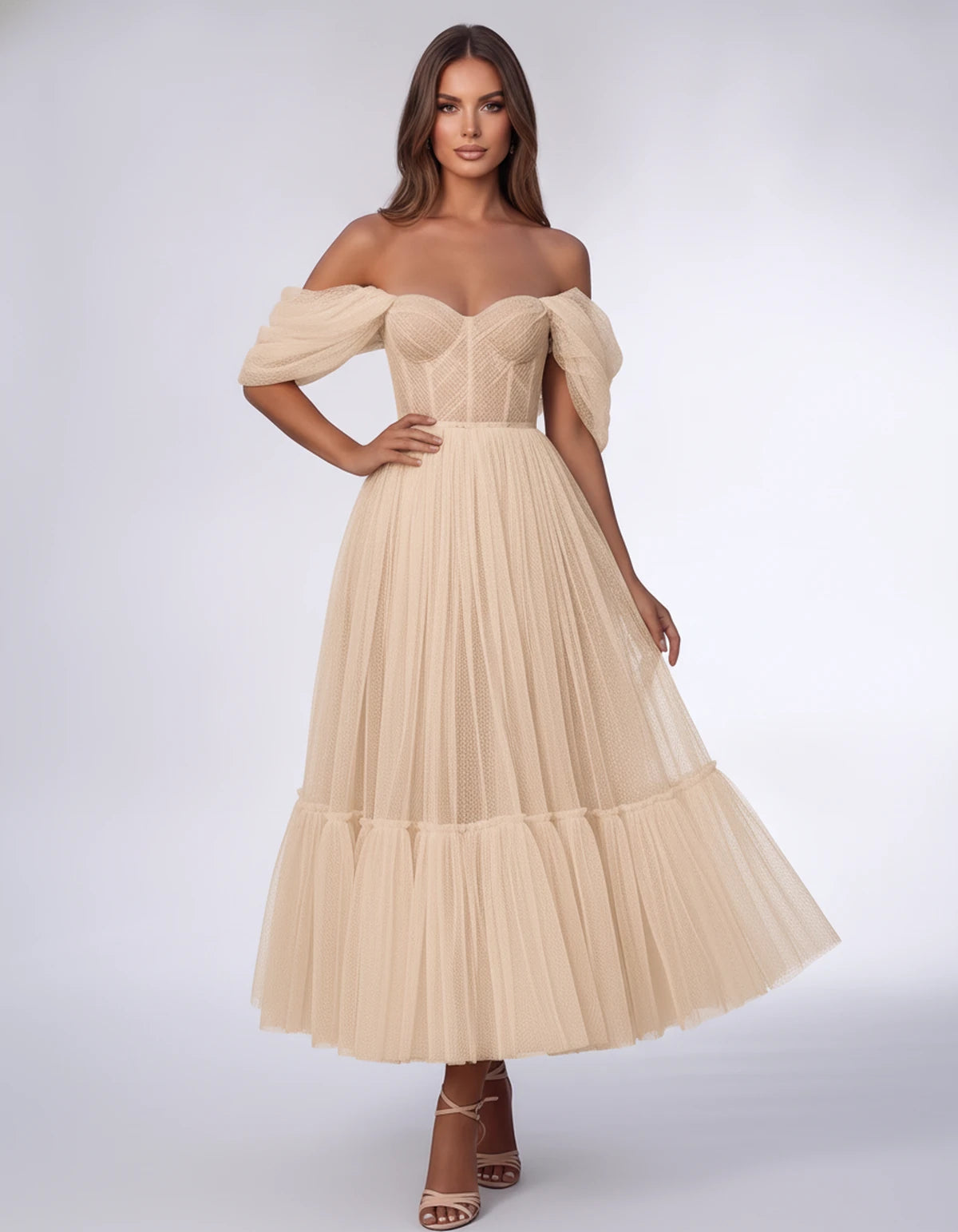 Severine Midi Dresses — Champagne | SKU: SD-31681-champagne-2,SD-31681-champagne-4,SD-31681-champagne-6,SD-31681-champagne-8,SD-31681-champagne-10,SD-31681-champagne-12,SD-31681-champagne-14,SD-31681-champagne-16,SD-31681-champagne-16W,SD-31681-champagne-18W,SD-31681-champagne-20W,SD-31681-champagne-22W