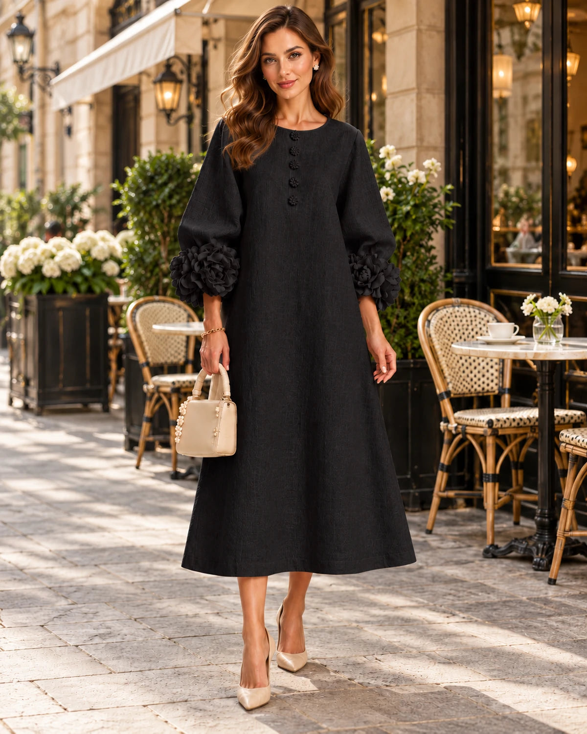 Sirena Midi Dresses — Black | SKU: SD-34033-black-XS,SD-34033-black-S,SD-34033-black-M,SD-34033-black-L,SD-34033-black-XL,SD-34033-black-2XL