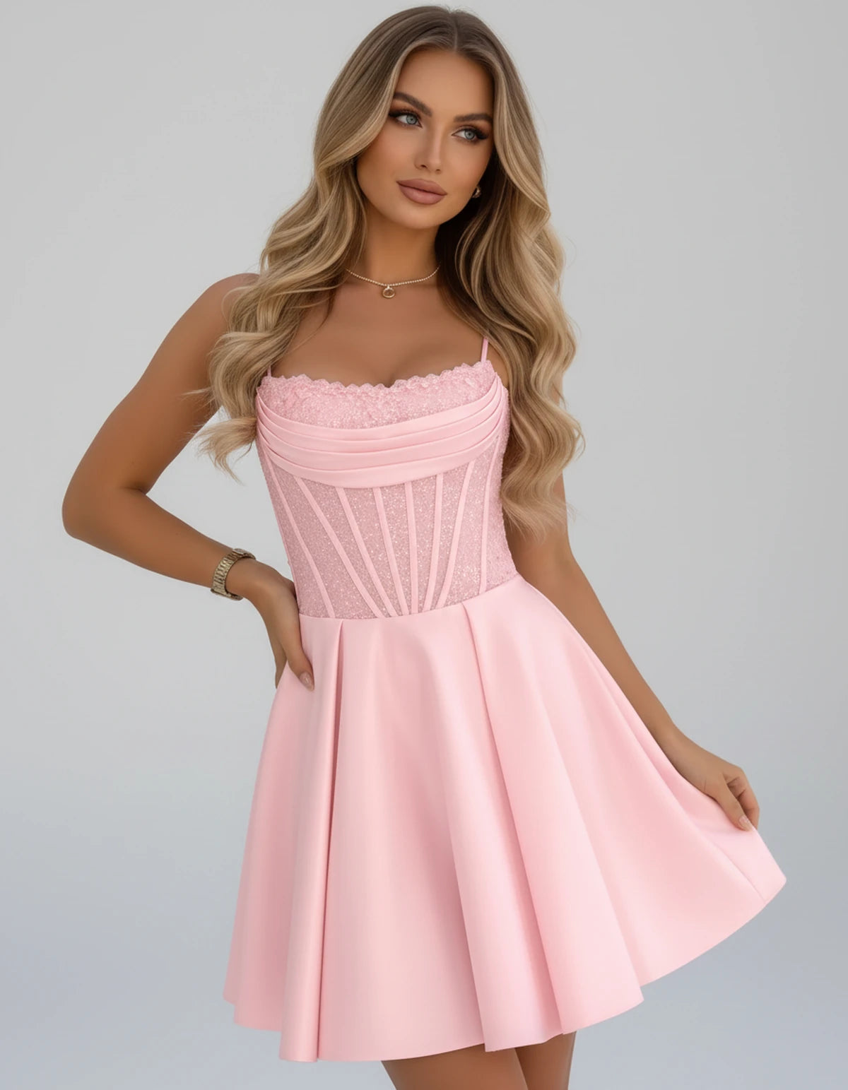 Sorbonne Mini Dress — Pink | SKU: SD-93312-pink-2,SD-93312-pink-4,SD-93312-pink-6,SD-93312-pink-8,SD-93312-pink-10,SD-93312-pink-12,SD-93312-pink-14,SD-93312-pink-16,SD-93312-pink-16W,SD-93312-pink-18W,SD-93312-pink-20W,SD-93312-pink-22W