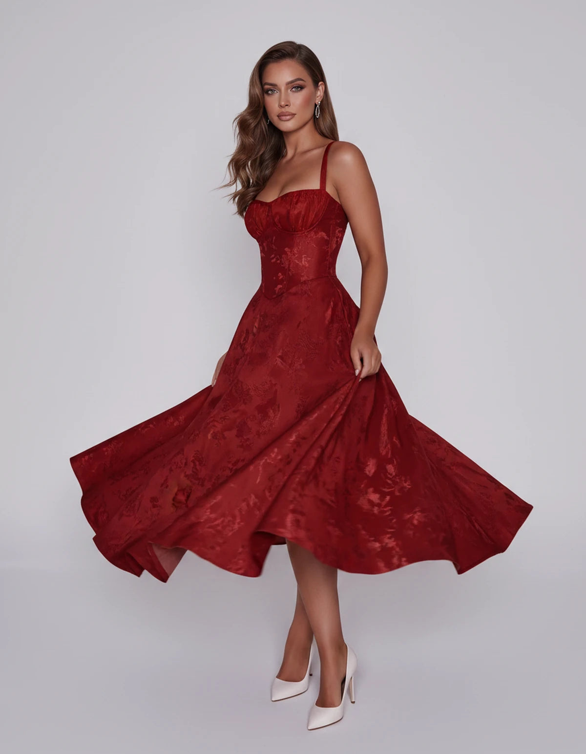 Tavira Midi Dresses — Red | SKU: SD-43065-red-2,SD-43065-red-4,SD-43065-red-6,SD-43065-red-8,SD-43065-red-10,SD-43065-red-12,SD-43065-red-14,SD-43065-red-16,SD-43065-red-16W,SD-43065-red-18W,SD-43065-red-20W,SD-43065-red-22W