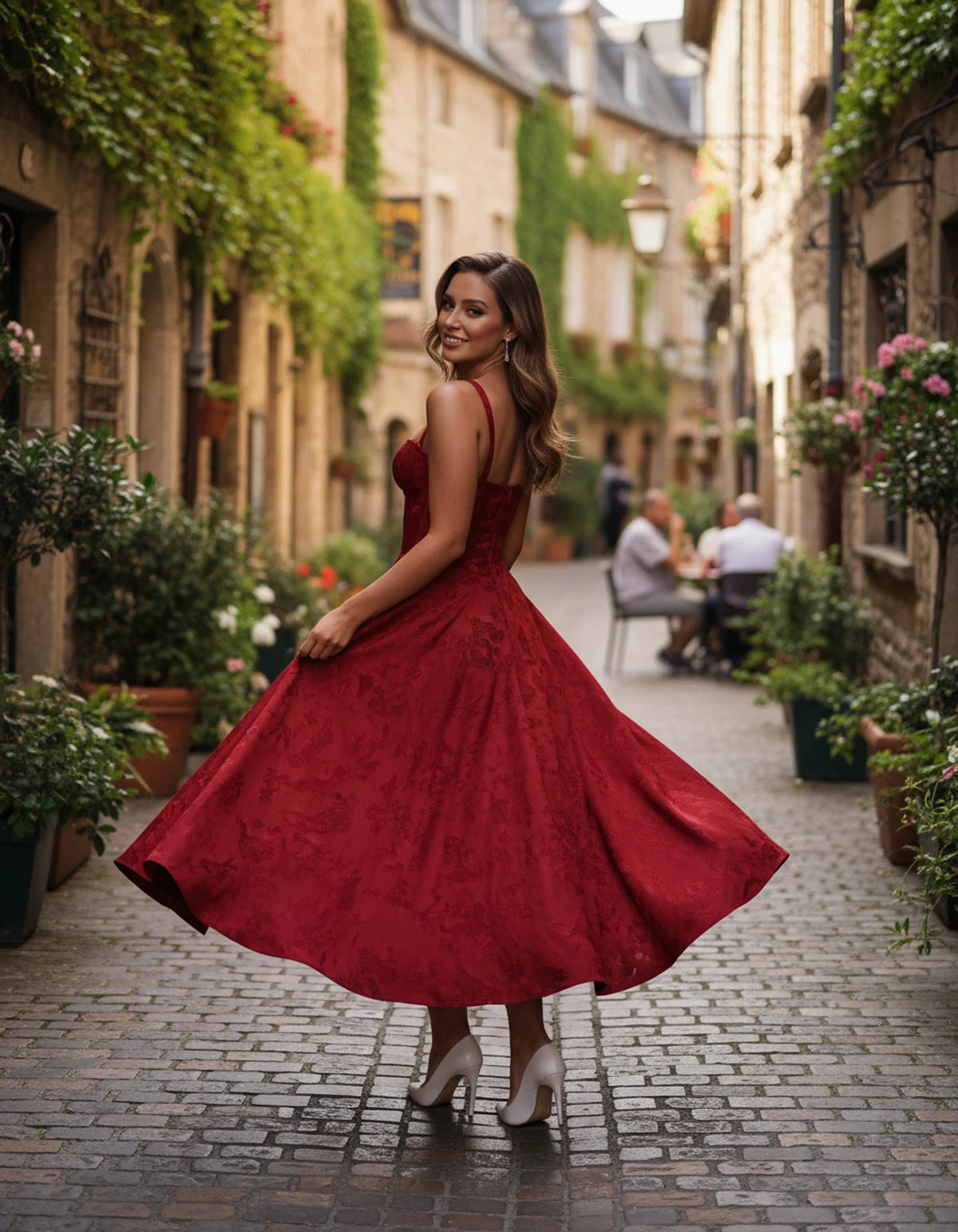Tavira Midi Dresses — Red | SKU: SD-43065-red-2,SD-43065-red-4,SD-43065-red-6,SD-43065-red-8,SD-43065-red-10,SD-43065-red-12,SD-43065-red-14,SD-43065-red-16,SD-43065-red-16W,SD-43065-red-18W,SD-43065-red-20W,SD-43065-red-22W
