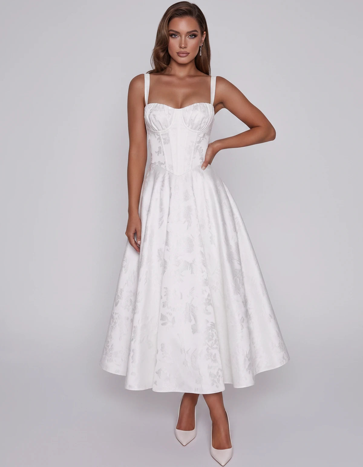 Tavira Midi Dresses — White | SKU: SD-43065-white-2,SD-43065-white-4,SD-43065-white-6,SD-43065-white-8,SD-43065-white-10,SD-43065-white-12,SD-43065-white-14,SD-43065-white-16,SD-43065-white-16W,SD-43065-white-18W,SD-43065-white-20W,SD-43065-white-22W