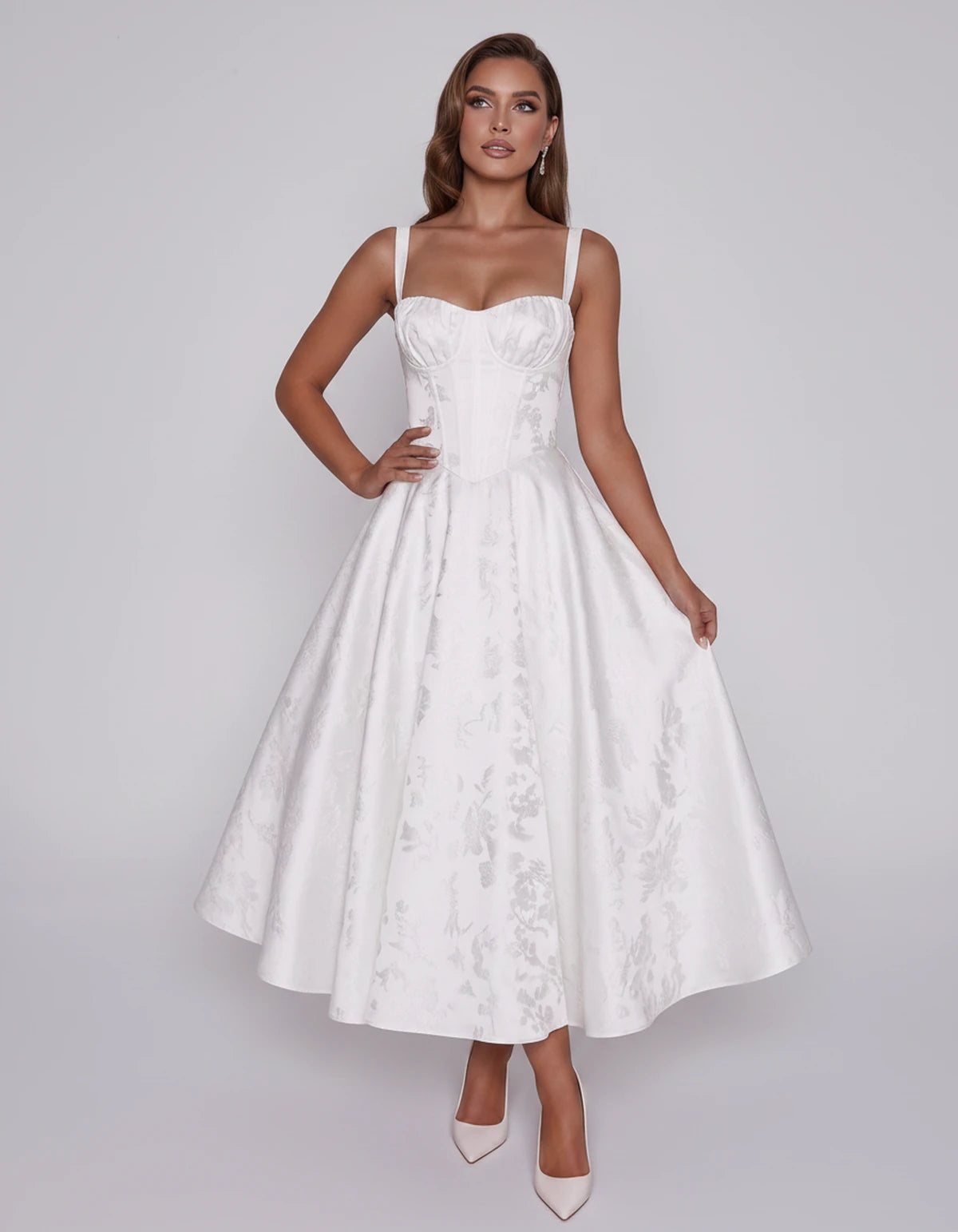 Tavira Midi Dresses — White | SKU: SD-43065-white-2,SD-43065-white-4,SD-43065-white-6,SD-43065-white-8,SD-43065-white-10,SD-43065-white-12,SD-43065-white-14,SD-43065-white-16,SD-43065-white-16W,SD-43065-white-18W,SD-43065-white-20W,SD-43065-white-22W