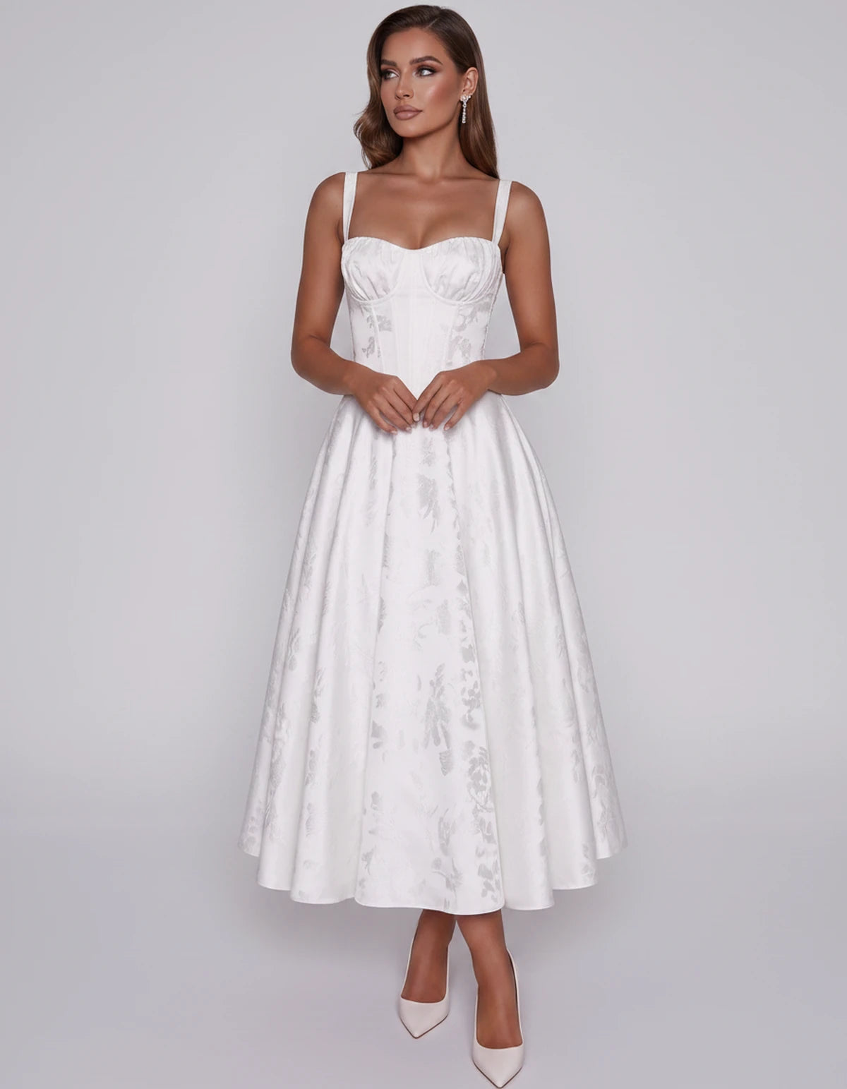 Tavira Midi Dresses — White | SKU: SD-43065-white-2,SD-43065-white-4,SD-43065-white-6,SD-43065-white-8,SD-43065-white-10,SD-43065-white-12,SD-43065-white-14,SD-43065-white-16,SD-43065-white-16W,SD-43065-white-18W,SD-43065-white-20W,SD-43065-white-22W