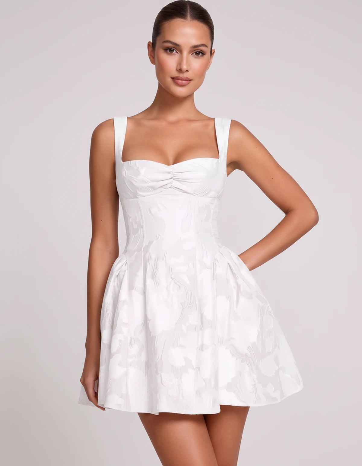 Theodora Mini Dress — White | SKU: SD-88572-white-2,SD-88572-white-4,SD-88572-white-6,SD-88572-white-8,SD-88572-white-10,SD-88572-white-12,SD-88572-white-14,SD-88572-white-16,SD-88572-white-16W,SD-88572-white-18W,SD-88572-white-20W,SD-88572-white-22W
