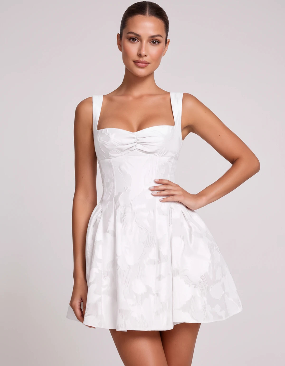 Theodora Mini Dress — White | SKU: SD-88572-white-2,SD-88572-white-4,SD-88572-white-6,SD-88572-white-8,SD-88572-white-10,SD-88572-white-12,SD-88572-white-14,SD-88572-white-16,SD-88572-white-16W,SD-88572-white-18W,SD-88572-white-20W,SD-88572-white-22W