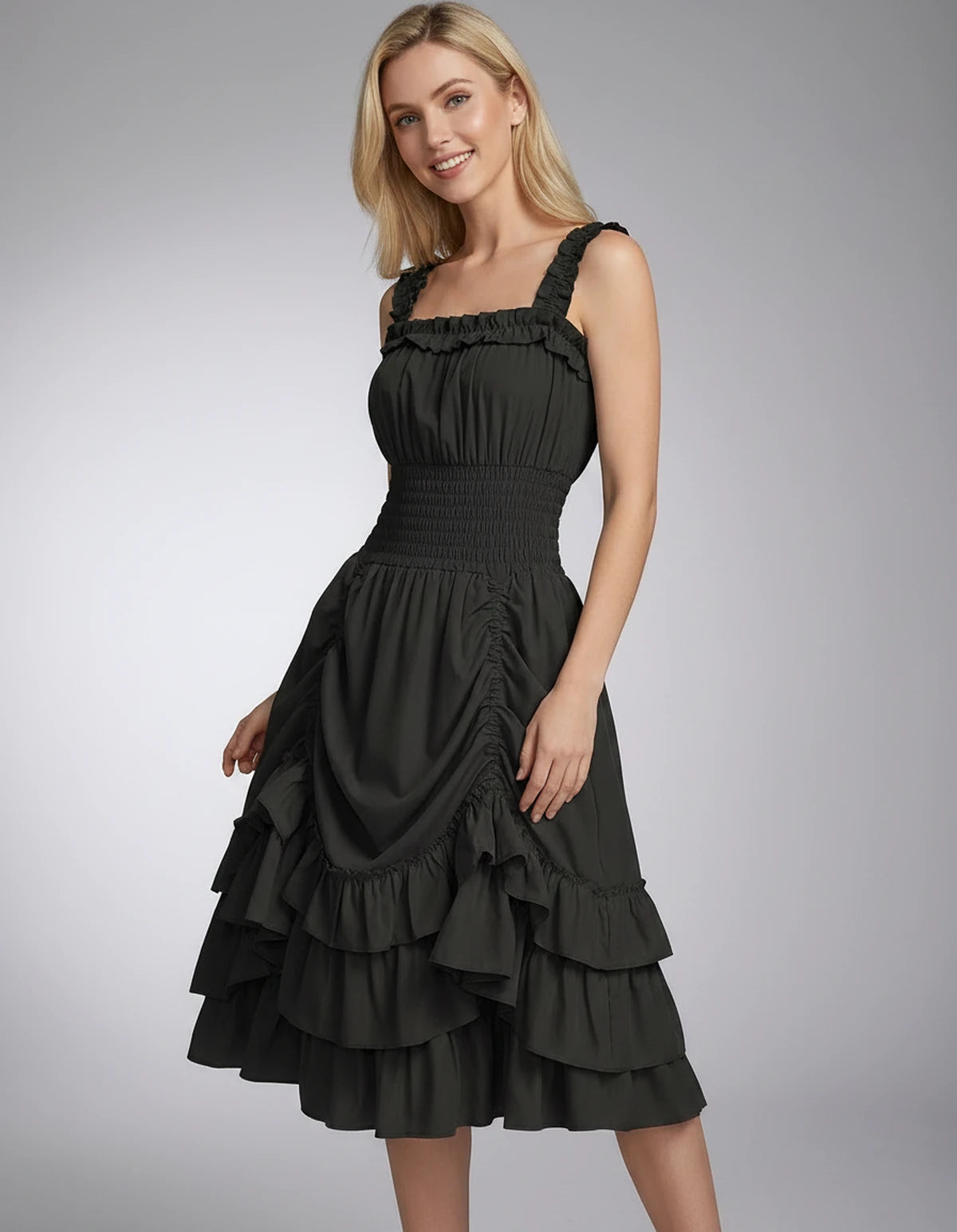 Wisteria Midi Dresses — Black | SKU: SD-28325-black-XS,SD-28325-black-S,SD-28325-black-M,SD-28325-black-L,SD-28325-black-XL,SD-28325-black-2XL