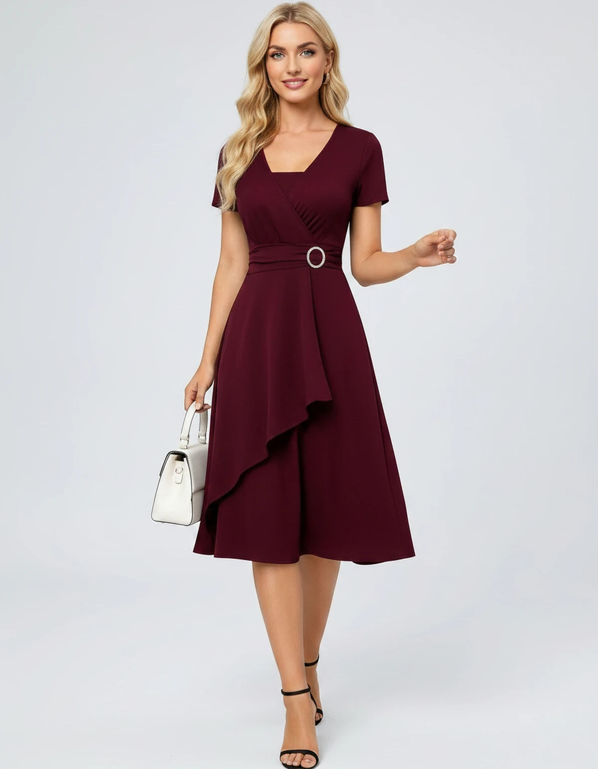Ysolde Midi Dresses — Burgundy | SKU: SD-54762-burgundy-XS,SD-54762-burgundy-S,SD-54762-burgundy-M,SD-54762-burgundy-L,SD-54762-burgundy-XL,SD-54762-burgundy-2XL