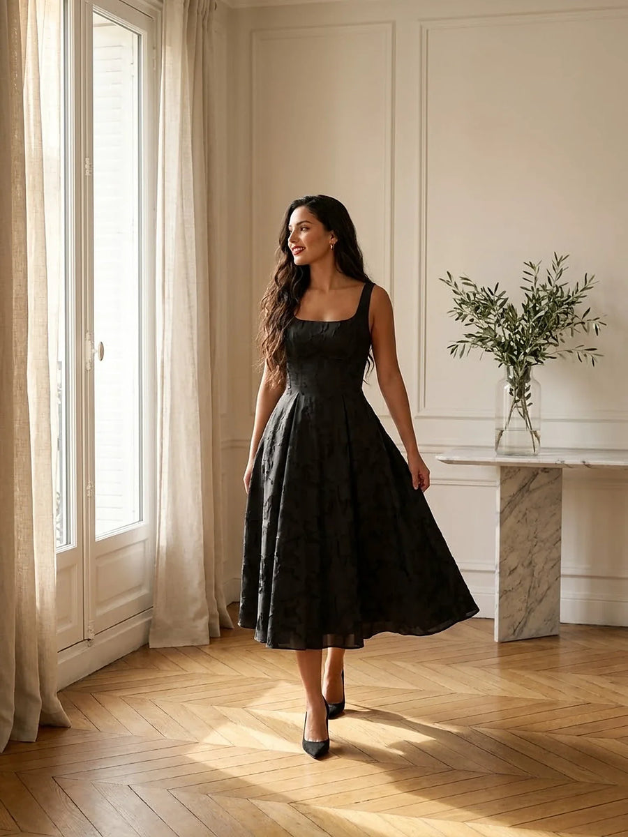 Date night dresses — black jacquard midi dress in a Paris apartment