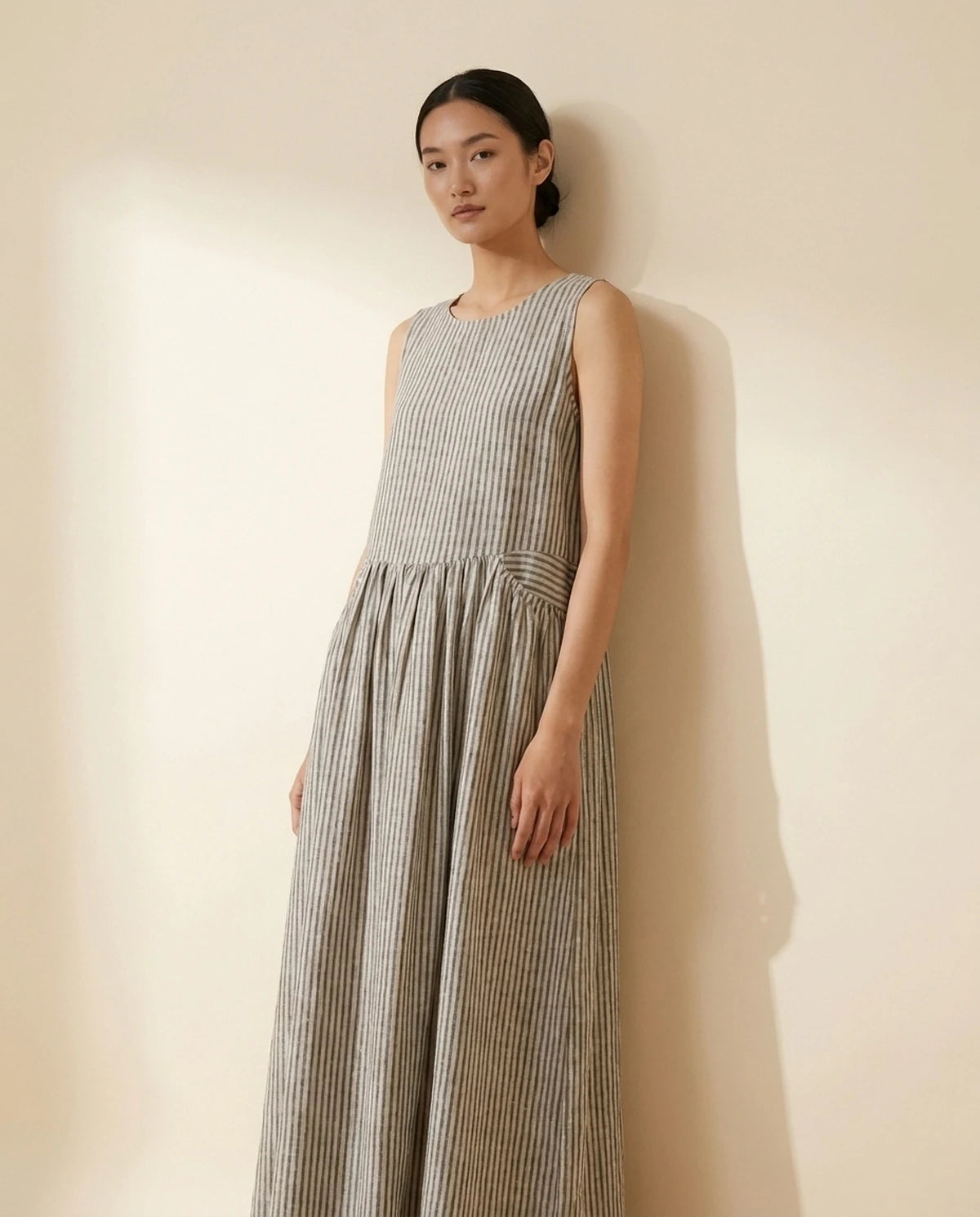 Fjora Maxi Dress — Gray Stripe | SKU: SD-38666-graystripe-2XL,SD-38666-graystripe-L,SD-38666-graystripe-M,SD-38666-graystripe-S,SD-38666-graystripe-XL,SD-38666-graystripe-XS