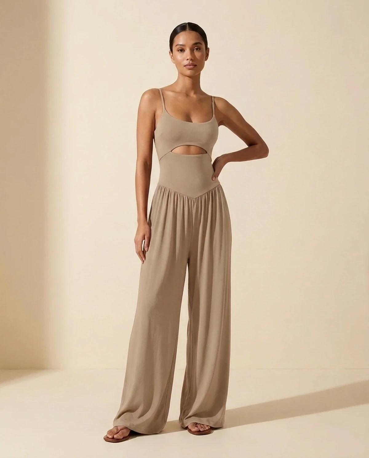 Fleurette Jumpsuit — Beige | SKU: SD-59358-beige-L,SD-59358-beige-M,SD-59358-beige-S,SD-59358-beige-XL,SD-59358-beige-XS