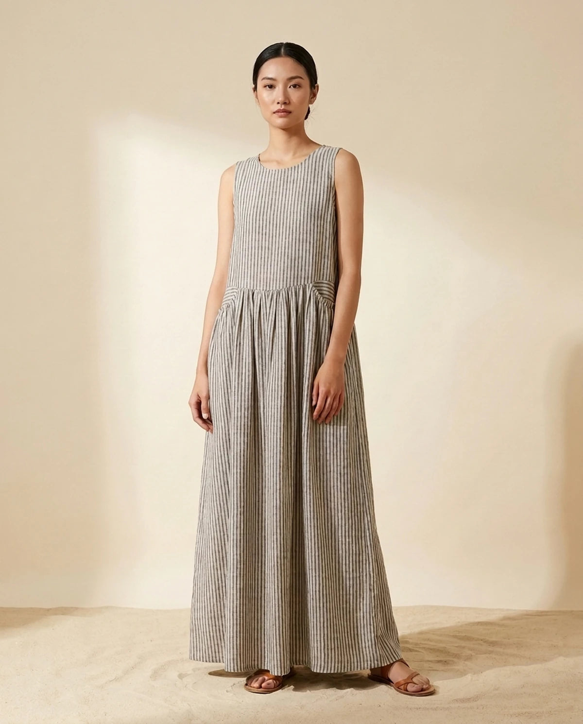 Fjora Maxi Dress — Gray Stripe | SKU: SD-38666-graystripe-2XL,SD-38666-graystripe-L,SD-38666-graystripe-M,SD-38666-graystripe-S,SD-38666-graystripe-XL,SD-38666-graystripe-XS