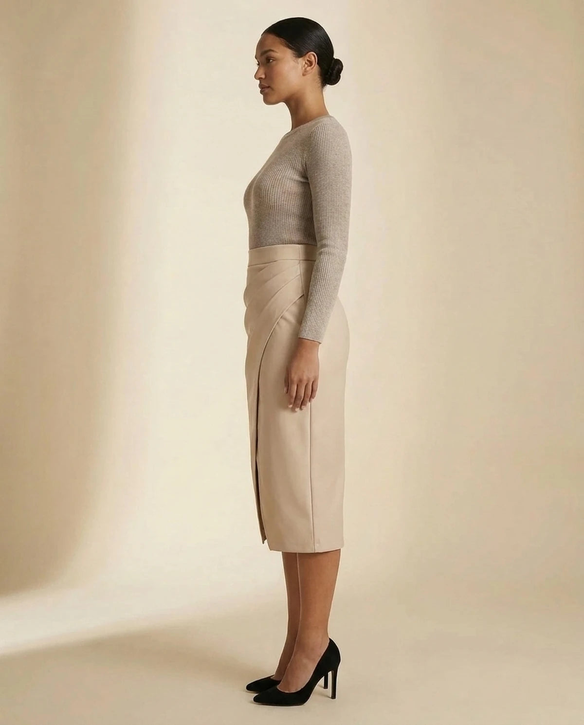Evanthe Midi Skirt — Beige | SKU: SD-99103-beige-L,SD-99103-beige-M,SD-99103-beige-S,SD-99103-beige-XL,SD-99103-beige-XS