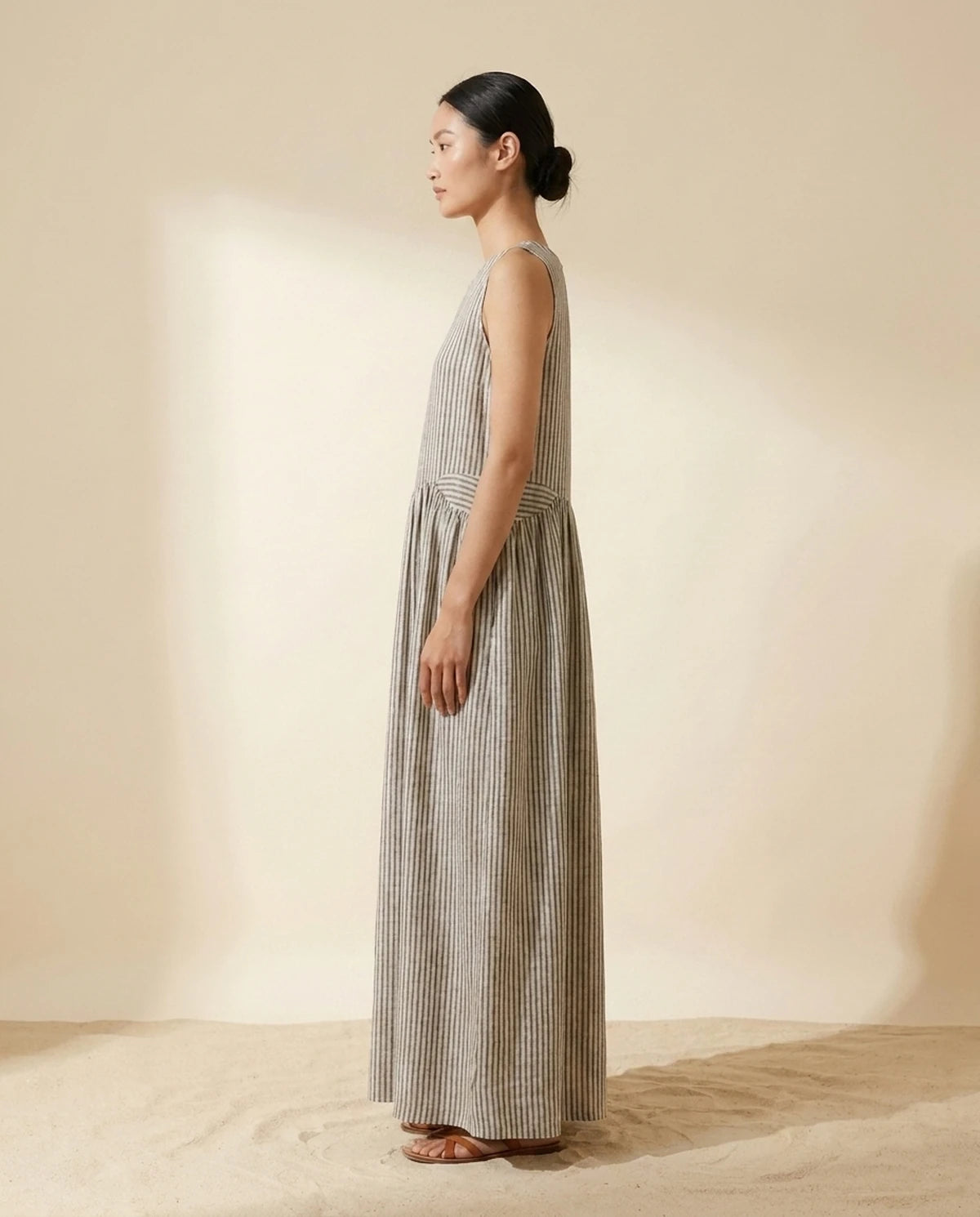 Fjora Maxi Dress — Gray Stripe | SKU: SD-38666-graystripe-2XL,SD-38666-graystripe-L,SD-38666-graystripe-M,SD-38666-graystripe-S,SD-38666-graystripe-XL,SD-38666-graystripe-XS