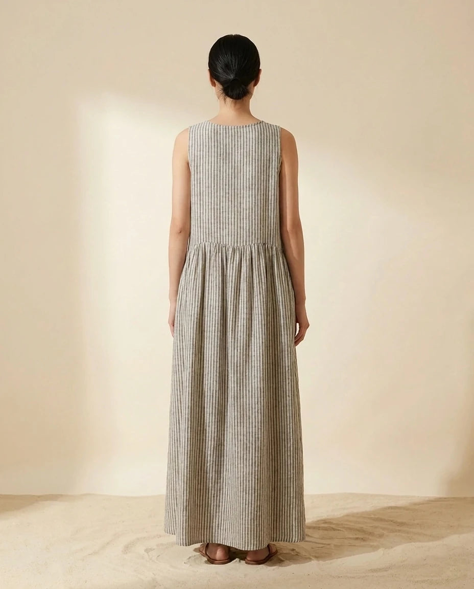 Fjora Maxi Dress — Gray Stripe | SKU: SD-38666-graystripe-2XL,SD-38666-graystripe-L,SD-38666-graystripe-M,SD-38666-graystripe-S,SD-38666-graystripe-XL,SD-38666-graystripe-XS