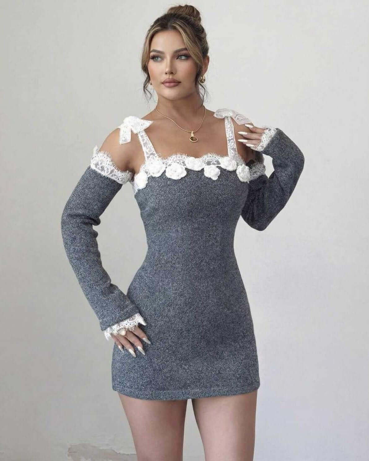 Celestine Mini Dress by Lauven, women’s bodycon mini dress featuring long sleeve lace trim in heather grey.