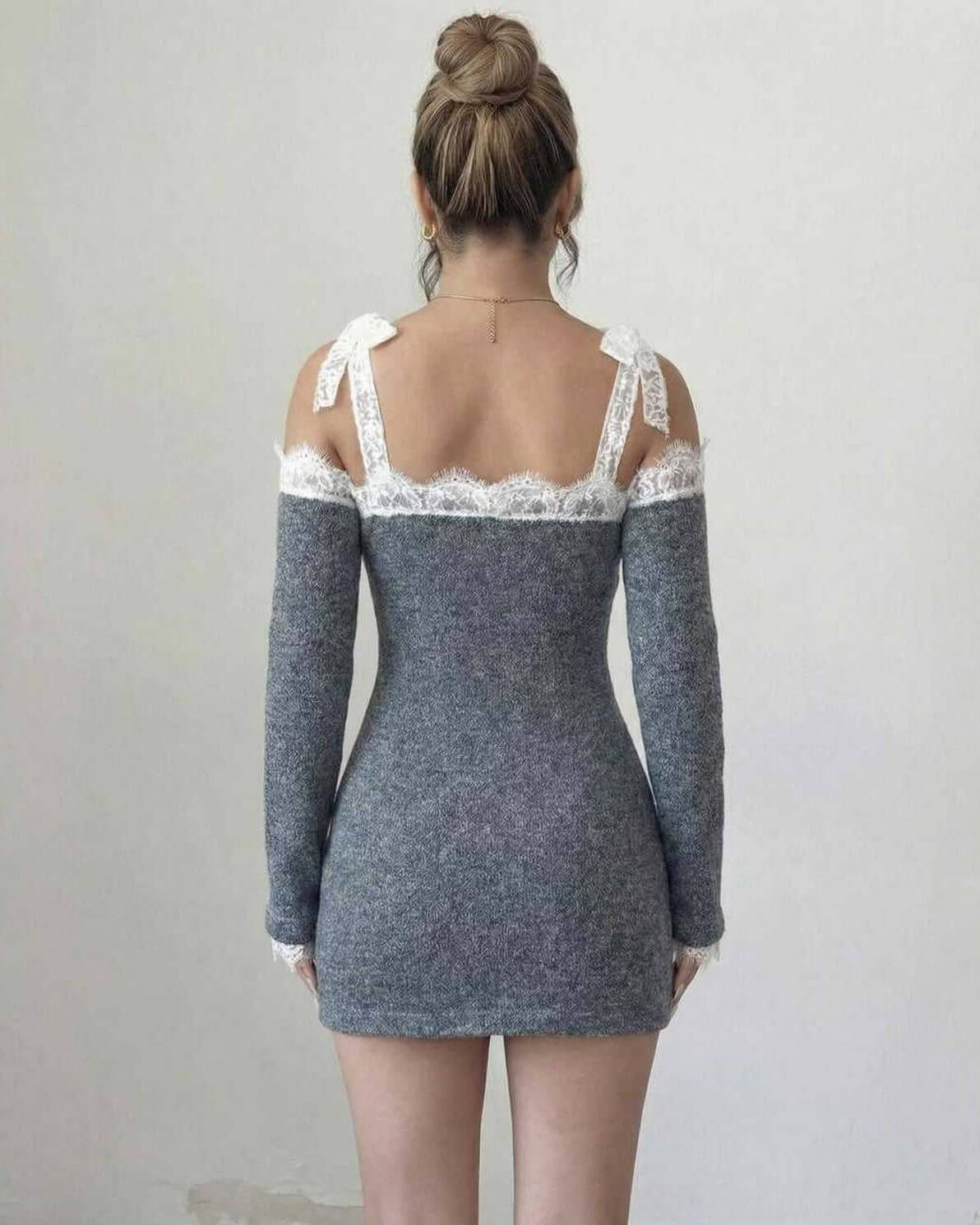 Celestine Mini Dress by Lauven - Women’s grey bodycon mini dress with lace trim and long sleeves, back view.