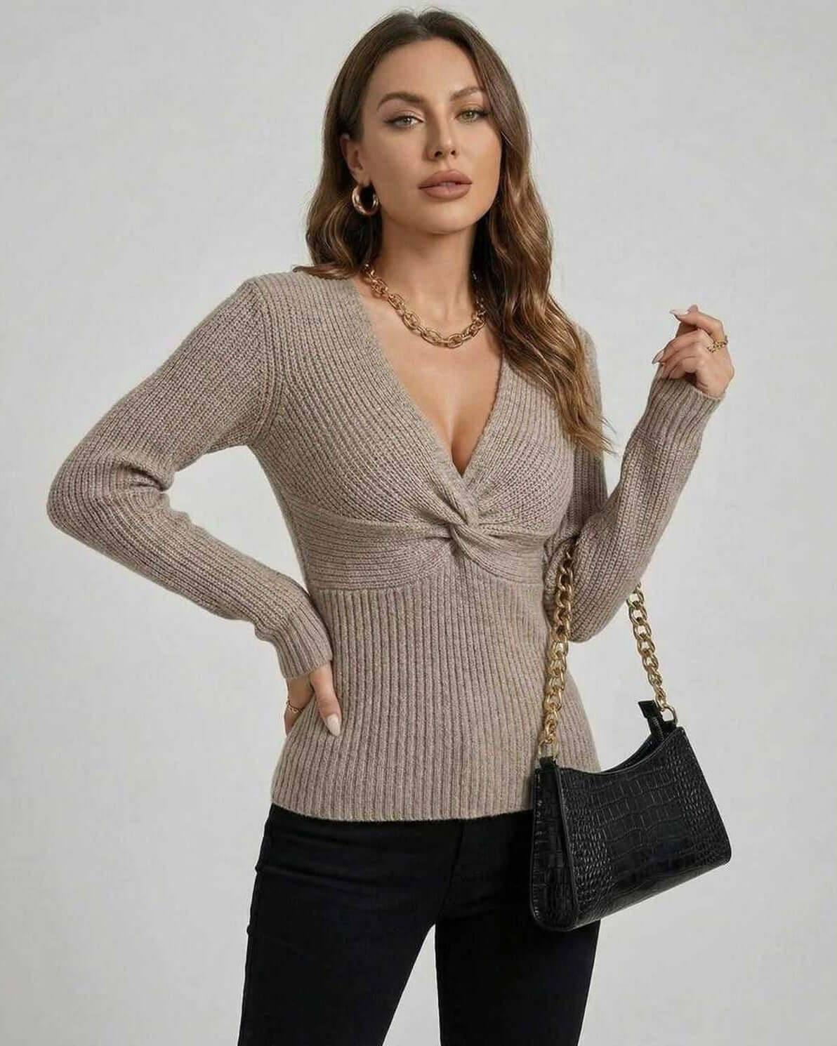 Sienna Sweater by Lauven, women's V neck sweater with twisted front, long sleeves in soft ribbed knit.