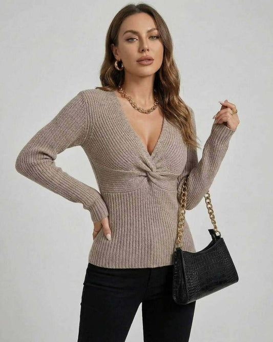 Sienna Sweater by Lauven, women's V neck sweater with twisted front, long sleeves in soft ribbed knit.