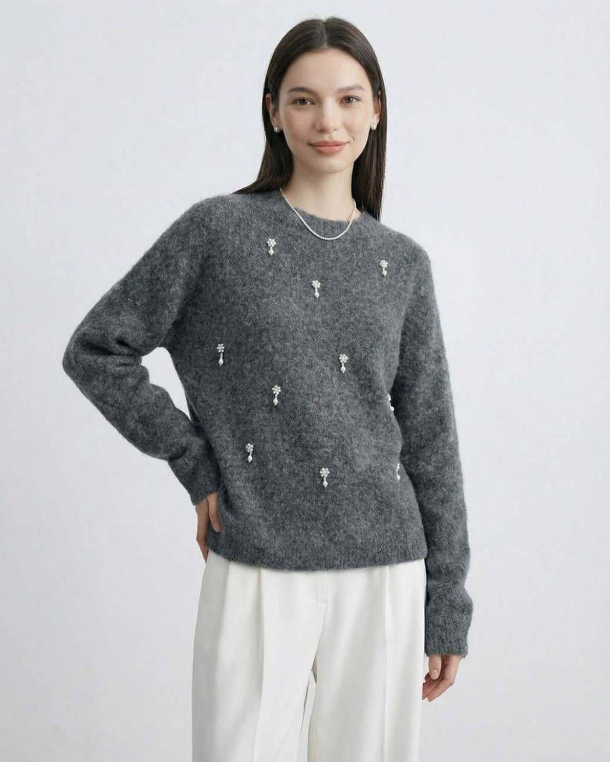 Aspen Sweater by Lauven - Women's Grey O Neck Long Sleeve Knit Sweater with subtle embellishments.