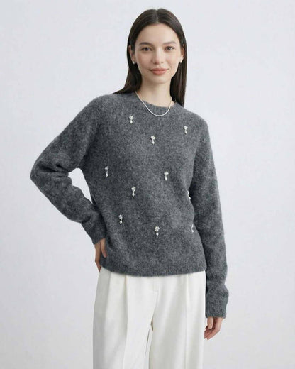 Aspen Sweater by Lauven - Women's Grey O Neck Long Sleeve Knit Sweater with subtle embellishments.