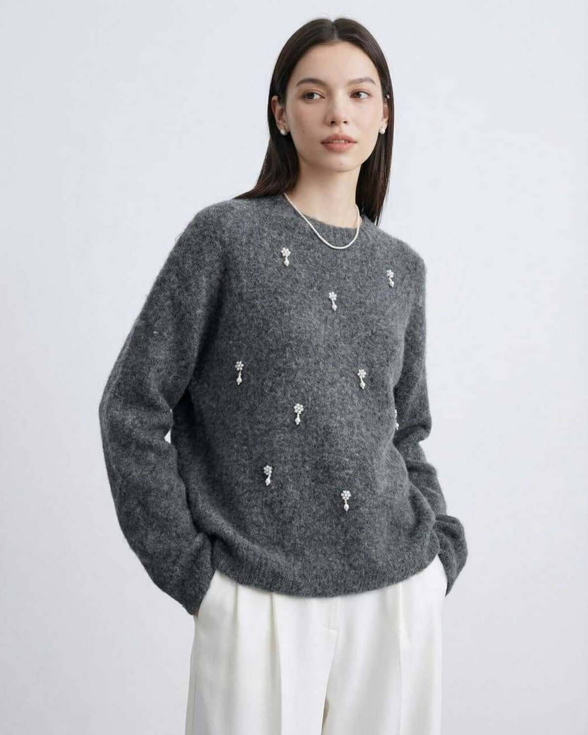 Aspen Sweater by Lauven – Women’s Grey O Neck Long Sleeve Knit for Fall Winter with subtle embellishments.