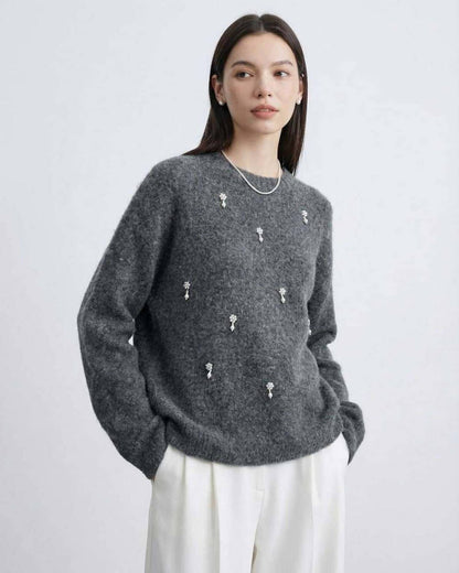 Aspen Sweater by Lauven – Women’s Grey O Neck Long Sleeve Knit for Fall Winter with subtle embellishments.