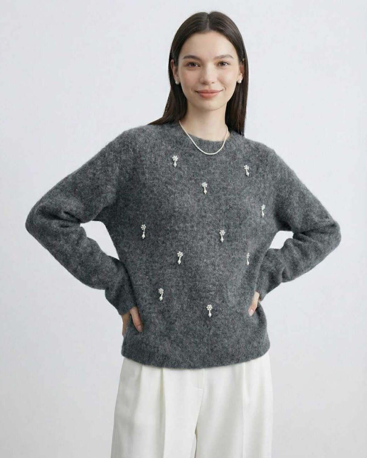 Aspen Sweater by Lauven - Women's Grey O Neck Long Sleeve Knit with embellishments for fall winter.
