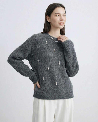 Aspen Sweater by Lauven – Women's Grey O Neck Long Sleeve Knit Sweater with Subtle Embellishments for Fall Winter