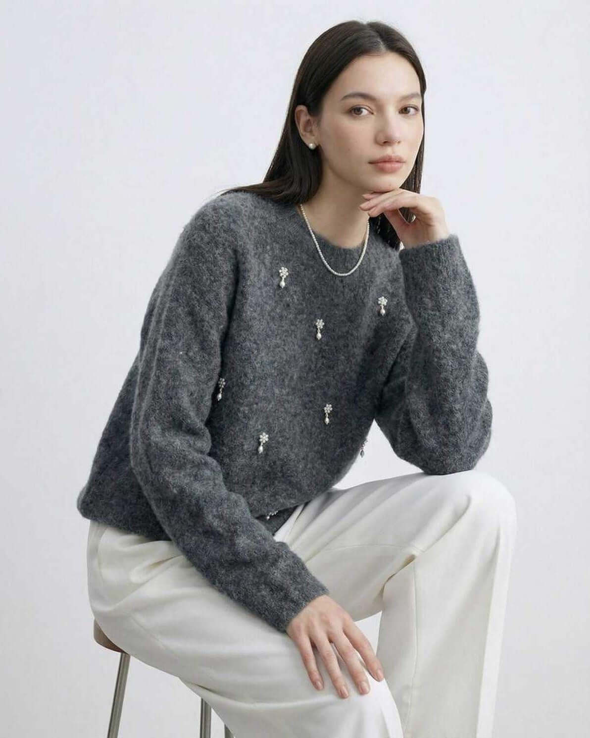 Aspen Sweater by Lauven – Women’s Grey O Neck Sweater with embellishments, perfect for fall and winter.