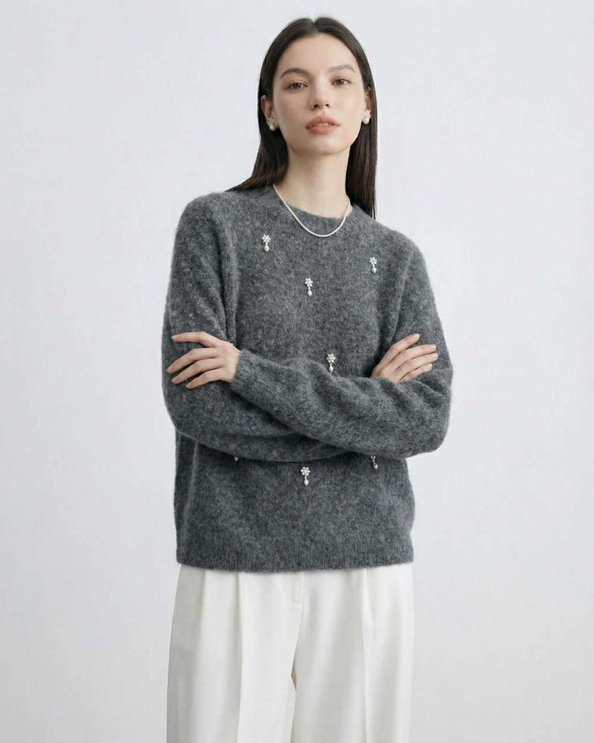Aspen Sweater by Lauven – Women's Grey O Neck Sweater with subtle embellishments, perfect for fall and winter.