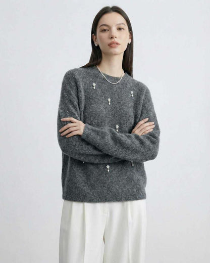Aspen Sweater by Lauven – Women's Grey O Neck Sweater with subtle embellishments, perfect for fall and winter.