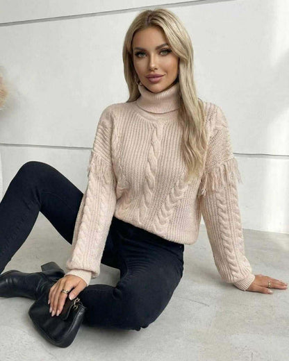 Vienna Sweater by Lauven – Women’s Beige Turtleneck Sweater with Cable Knit and Fringe Details