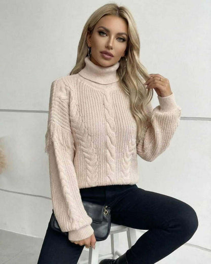 Vienna Sweater by Lauven - Women's Beige Turtleneck Cable Knit Sweater for Fall Winter