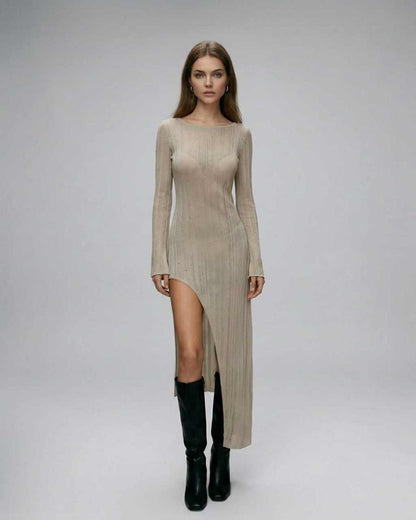 Sienna Midi Dress by Lauven, long sleeve knit dress with asymmetrical split in soft neutral tone.