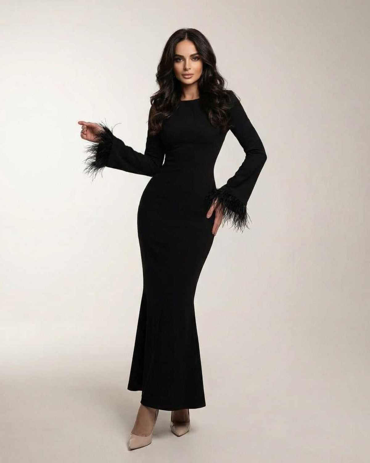 Valencia Maxi Dress by Lauven - Black long sleeve mermaid dress with feather cuff sleeves.
